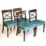 Set of four Regency mahogany bar back dining chairs, each having an X frame back, stuffed seat and