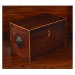 19th Century string inlaid mahogany tea caddy having brass ring drop handles Condition: