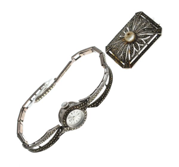 Silver and marcasite panel brooch, together with a silver and marcasite set cocktail watch