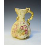 Royal Worcester blushware jug having floral decoration, gilded handle, the underside with printed