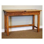 Mid 20th Century oak school desk with hinged top and inkwells on square supports Condition: