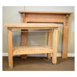 Modern pine butchers block style occasional or kitchen table with lattice under shelf, together with