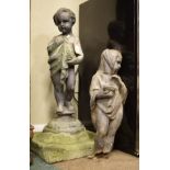 Pair of lead figural garden statues in the tradition of John Cheere, one on stone plinth, the