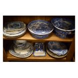 Assorted 19th Century and later blue transfer printed pottery to include; pair of Indian Scenery