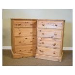 Pair of 20th Century yellow pine four drawer chests, each with wooden knob handles on plinth base