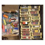 Two boxes of assorted die-cast and other model cars to include; Dinky Toys Model 283 Bus with blue