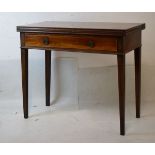 19th Century mahogany fold-over tea table with rectangular top over long frieze drawer with ring