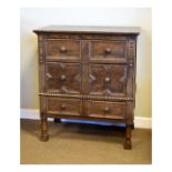 Old reproduction oak chest of drawers in the late 17th Century style, the rectangular top over