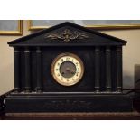 Late 19th Century French black slate temple mantel clock, the cream Arabic chapter ring signed