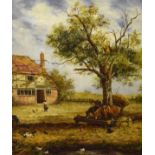 Selection of pictures and prints to include; oil on canvas of horses outside a cottage, signed dry