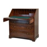 19th Century mahogany fall front bureau, the crossbanded fall enclosing drawers and pigeon holes