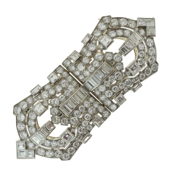 Art Deco diamond double clip brooch, apparently unmarked but frame numbered 4005, the two Mitre
