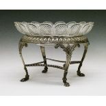 George III silver and cut glass fruit bowl, the circular base standing on four reeded supports, each