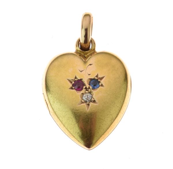 15ct gold heart shaped diamond, ruby and sapphire set locket, Chester, date letter rubbed, 2cm