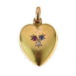 15ct gold heart shaped diamond, ruby and sapphire set locket, Chester, date letter rubbed, 2cm