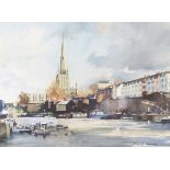 Brian Lancaster (1931-2005) - Watercolour - Bristol City Docks with St Mary Redcliff, 33.5cm x 45.