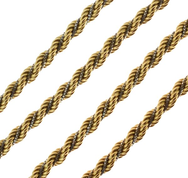 Chain, stamped '750', of hollow rope links entwined with a white box link chain, 55.5cm long, 40g