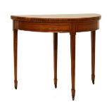 Sheraton Revival inlaid satinwood demi lune fold over card table, circa 1900, the top inlaid with