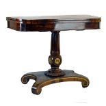 George IV brass inlaid rosewood fold over pedestal card table, in the manner of Thomas King, the top