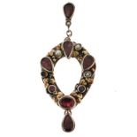 Arts & Crafts flat cut garnet and blister pearl silver and gold pendant, in the style of the