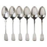 Set of six Victorian silver Fiddle pattern table spoons, makers John & Henry Lias, London 1838, 22.