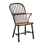 19th Century ash, elm and yew hoop back Windsor arm chair, the ash hoop, mid rail and turned