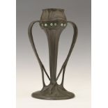 Liberty & Co Tudric pewter Tulip vase having two swept handles and with inset faux turquoise