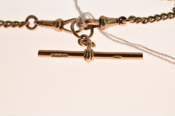 9ct gold watch chain, of graduated curb links, with two swivels and a T bar, 38cm long, 24.8g - Image 3 of 4