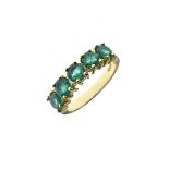 Five stone emerald 18ct gold ring, the uniform round cut stones of approximately 4mm diameter,