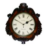 Late Victorian carved mahogany single fusee wall clock, the 12 cream painted circular Roman dial