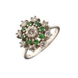 Diamond and emerald 18ct white gold cluster ring, the principal brilliant cut of approximately 0.2