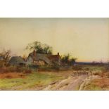 Henry John Sylvester Stannard (1870-1951) - Watercolour - An evening rural landscape with a thatched