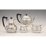 Victorian silver four piece tea set, each piece with half fluted decoration, maker George Maudsley