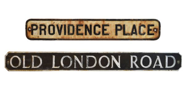 Two cast iron street signs - The first 'PROVIDENCE PLACE', 89cm x 15cm, the second of later date '