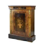 Late 19th Century walnut and marquetry side cabinet, the rectangular top over frieze inlaid with a