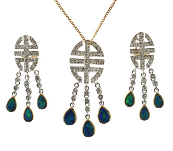 Diamond and opal doublet pendant and earring set, both set with single cuts to an oval geometric