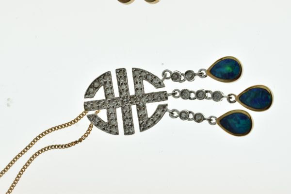 Diamond and opal doublet pendant and earring set, both set with single cuts to an oval geometric - Image 5 of 8