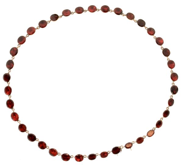 Garnet riviere necklace, the thirty-eight uniform oval cuts in closed back setting, approximately