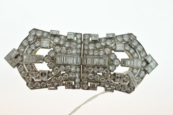 Art Deco diamond double clip brooch, apparently unmarked but frame numbered 4005, the two Mitre - Image 2 of 9