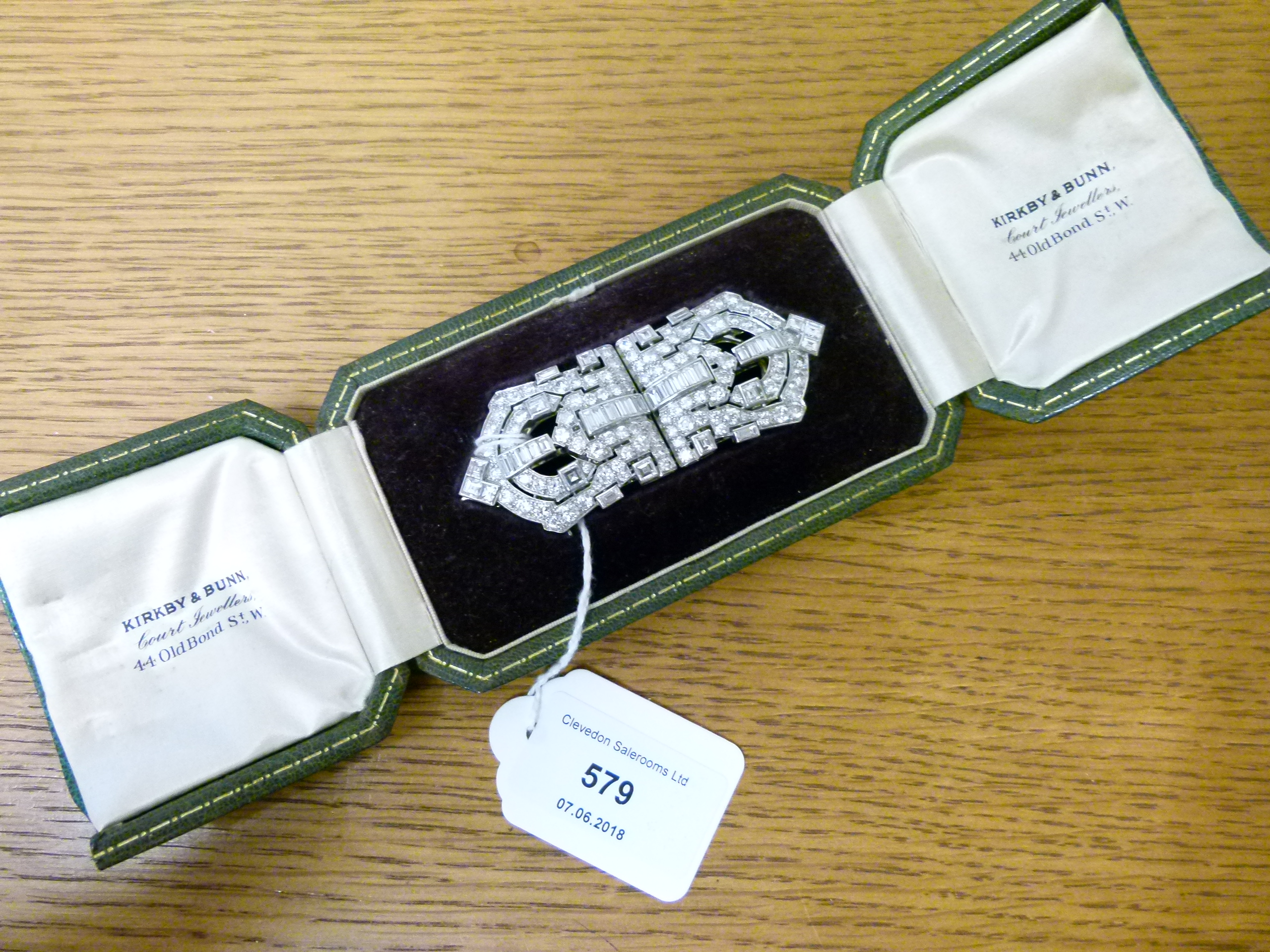 Art Deco diamond double clip brooch, apparently unmarked but frame numbered 4005, the two Mitre - Image 9 of 9