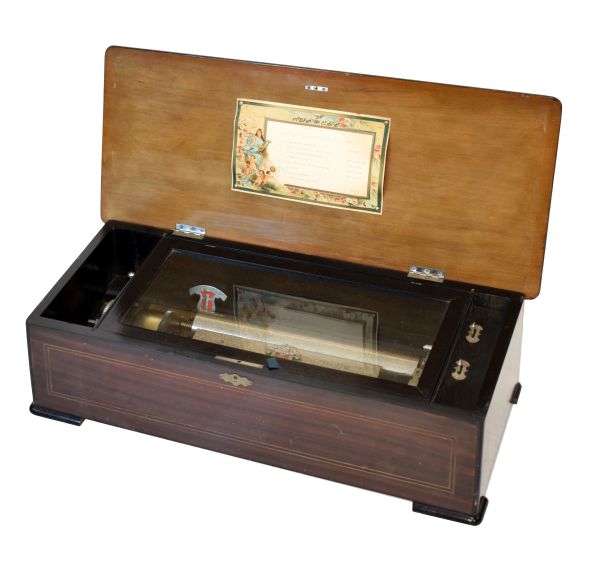 Late 19th/early 20th Century inlaid rosewood cylinder musical box, the hinged rectangular cover with
