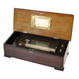 Late 19th/early 20th Century inlaid rosewood cylinder musical box, the hinged rectangular cover with