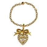 Edwardian diamond and seed pearl heart pendant, unmarked, set to the centre with a small old Swiss