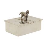 Edward VII silver stamp box having figural decoration depicting a retriever, hinged cover to