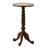 19th Century walnut and olive wood wine table, the circular olive wood top on spirally-fluted and
