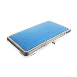 Early 20th Century French white metal and pale blue guilloche enamel cigarette case, the clasp inset