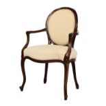 Late 19th Century Louis XVth style fauteuil or open arm chair, the padded oval back and outswept