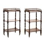 Pair of Victorian rosewood serpentine fronted three tier what-nots, each having a three sided