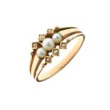 Victorian seed pearl set ring unmarked, set with three trios of seed pearls (untested and
