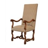 William & Mary walnut framed armchair, the studded overstuffed back and seat with later gingham